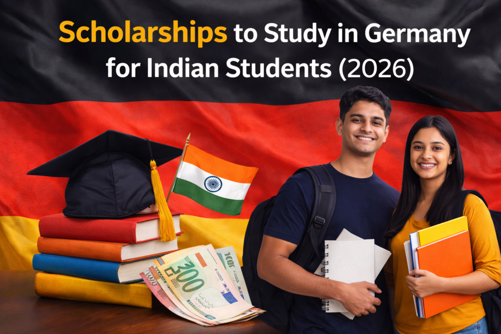 Scholarships to study in Germany for Indian students in 2026, featuring students with books, German and Indian flags, and education symbols.