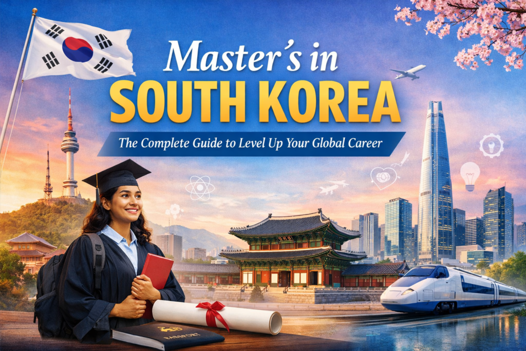 Master’s in South Korea guide with graduate and Seoul skyline.