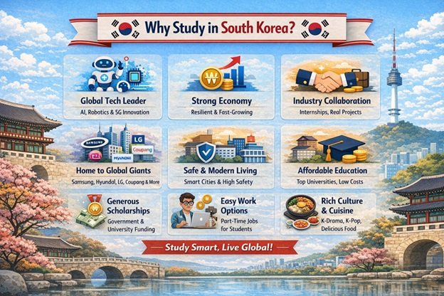 Infographic titled “Why Study in South Korea?” highlighting technology leadership, strong economy, scholarships, affordable education, and career opportunities.